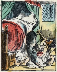 Ilustração do conto "O Capuchinho Vermelho", de Charles Perrault. Gravura em madeira de Imaging Pellerin - Epinal, sd. Final do século XIX.