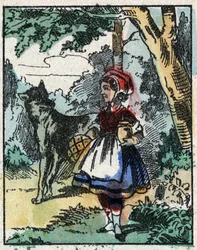 Ilustração do conto "O Capuchinho Vermelho", de Charles Perrault. Gravura em madeira de Imaging Pellerin - Epinal, sd. Final do século XIX.