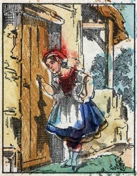 Ilustração do conto "O Capuchinho Vermelho", de Charles Perrault. Gravura em madeira de Imaging Pellerin - Epinal, sd. Final do século XIX.