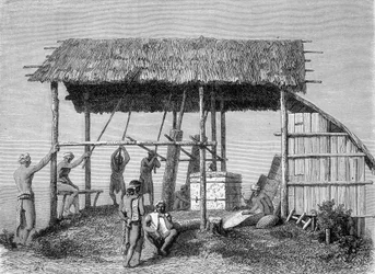 Ilustração publicada na edição de 1862 de "Le Tour du monde", retratando um ferreiro nos dayaks da ilha de Bornéu. Gravura.