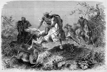 Ilustração publicada na edição do "Le Tour du monde" de 1870 - 1871 retratando uma caça ao dique na ilha de Bornéu. Gravura.
