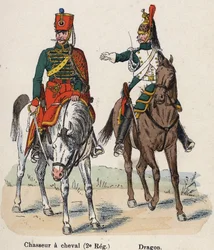 Guarda Imperial Napoleão I: Caçador de Cavalos (2º Regimento) e Dragão. Placa do livro Les Uniforms de l