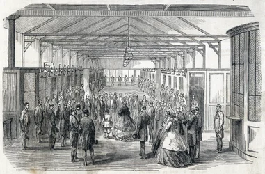 Impressionar Eugenie e o Príncipe Imperial visitam o Banco da França, 23 de Junho de 1866 - - gravura em Le MONDE Illustrous DU 07/07/1866