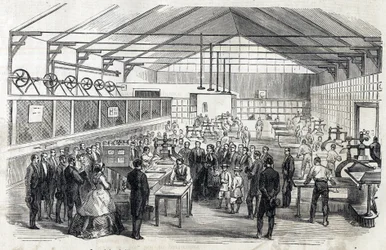 Impressionar Eugenie e o Príncipe Imperial visitam o Banque de France, 23 de Junho de 1866 - impressão de notas - gravação em Le MONDE Illustrous DU 07/07/1866