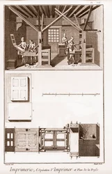 Impressão: a operação de impressão e plano da prensa - "The Grande Encyclopedie, ou Dictionnaire Raisonne des Sciences, des Arts et des Metiers" (Enciclopédia ou Dicionário das Ciências, Artes e Profissões) por Denis Diderot (1713-1784) e Jean