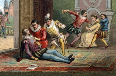 Em 1589, o monge Jacques Clément assassinou o rei Henrique III com uma punhalada, depois de o ter feito ler uma carta. O rei morreu nos braços de Henrique de Navarra. Cromolitografia por volta de 1890.
