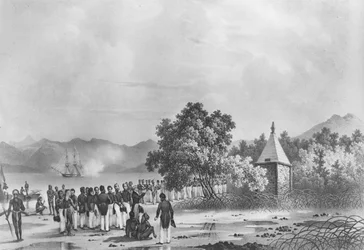 Inauguração de um monumento a La Pérouse em Vanikoro, de 