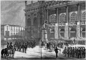 Inauguração do monumento sardo por Vincenzo Vela (1820-1891), na Praça do Castelo de Turim (Itália), em 10 de abril de 1859. Atrás da estátua está o "Palazzo Madama". Baseado nos esboços do Sr. Ferry. Gravura no "Le Monde Illustré" n°106 de 23 de Abril de 