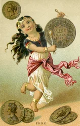Dançarina indiana batendo um tambor de rúpia, de uma série de cartões promocionais sobre moedas em diferentes países, publicado em Paris pela Baster & Vieillemard para uso do produtor de chocolate, Chocolat Ible