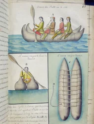 Índios dos Mares do Sul usando barcos chamados Balds (wc no papel)