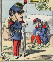 Linha de infantaria. Gravação em "Alfabeto Militar Cómico". Quinta série. Imagem epinal. Pellerin e Cie, Impressoras, Epinal, final do século XIX. 16 páginas. Dim: 25x18,5cm.