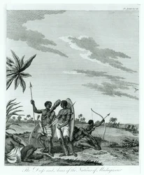 Habitantes de Madagascar, do volume 2 de Memórias e Viagens do Conde Benyowsky, publicado em 1790