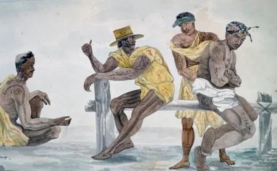 Habitantes do Taiti, Ilhas da Sociedade, aguarela de Jules-Louis Lejeune, com base na Voyage around world