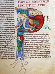 Inicial P (lettrine): levedura boca diabólica do inferno. Miniatura do manuscrito "Moralia in Job", Morales sur Job de Saint Gregoire, da abadia de citeaux