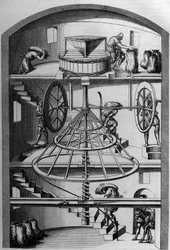 Vista interior de um moinho do século XVI; Gravura de Androue du Cerceau em "Le Magasin pitoresco".