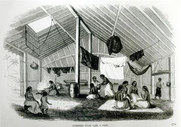 Dentro de um Tahitan Hut, de "Viagens nos dois oceanos", de Eugene Delessert, 1848