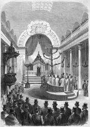 Instalação do rabino chefe do alistamento de Bordeaux, na sinagoga da cidade, em 1864. Gravura do esboço do Sr. Duffet.