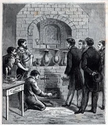 Instalação do pirômetro por Alexandre Brongniart (1770 -1847) Cientista francês na fabricação de Sevres - Gravação em "Sciences mises à la gratete de tous - physics et chimie populaires" por Alexis Clerc - Final do século XIX. Colecção privada.