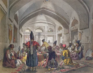 Interior, de, um, caravanserai, em, persia, mid, décimo nono século