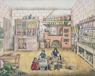 Interior, de, um, francês, cozinha rural, tarde, 19o século
