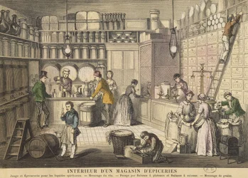 Interior de uma mercearia (gravura a cores)