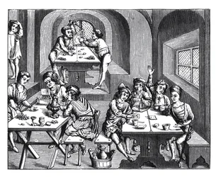 Interior de uma hospedaria, depois de uma xilogravura em uma edição de folio de Virgílio, publicou Lyons, 1517