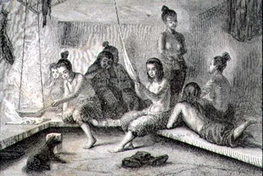Interior de uma cabana esquimó na década de 1860 (gravura)