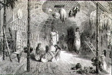 Interior de uma cabana indígena na década de 1860 (gravura)