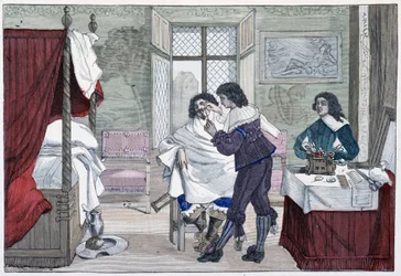 Interior da casa de um barbeiro no século XVII - em "Paris através dos séculos"