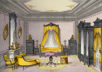 Interior, mostrando, mobília, de, um, francês, periódico, 1850s