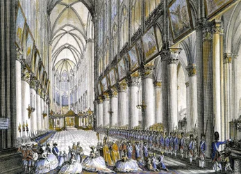 Vista interna de Notre-Dame de Paris, na chegada de Maria Antonieta (1755-1793), rainha da França, para assistir à famosa missa pelo nascimento de seu filho, o futuro Luís XVII (1785-1795). Gravura do século XVIII.