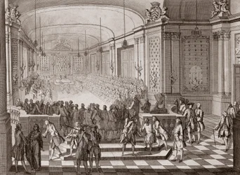 Vista interna do Salão Jacobins, em Nantes, durante a realização dos Estados Unidos da Bretanha, em 1764.