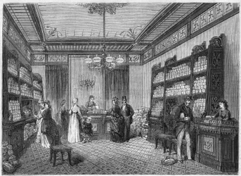 Vista interna da cafeteria "Compagnie du Moka-Zanzibar", localizada em Paris, no 47, rue Vivienne. Gravura no "Le Monde Illustré" n°808 de 5 de outubro
