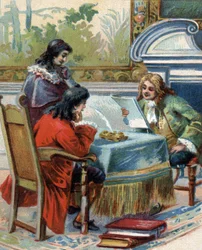 Entrevista de Gottfried Wilhelm Leibniz (1646-1716), filósofo alemão com Jacques-Benigne (Jacques Benigne) Bossuet (1627-1704), teólogo e escritor francês. cromolitografia.