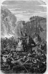 Invasão e pilhagem de Roma por Alaric I, Rei dos Visigodos em 410. Gravação em "Histoire des Papes-Rois-Queen and Empereurs a travessa les centuries" por Maurice Lachatre