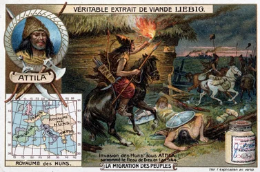 Invasão dos hunos sob o comando de Átila, apelidado de flagelo de Deus, em 444 - vinheta publicitária de Liébig