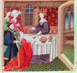 Isolde pedindo proteção à Rainha Guinevere, Roman du Chevalier Tristan