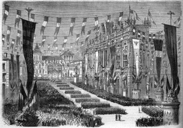 Unificação italiana, Turim, 2 de Abril de 1860: decoração da praça do castelo (Piazza Castello), por ocasião da abertura do parlamento italiano. Gravura no "Le Monde Illustré" n°157 de 14 de Abril de 1860.