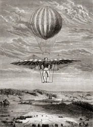 Ornitóptero de Jacob Degen, de 1808, com válvulas de flap, em que o piloto se apoiava numa estrutura rígida e accionava as asas com uma barra horizontal móvel, de "Les Merveilles de la Science", publicado por volta de 1870 (litografia)