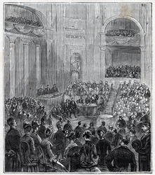 Jacques Babinet (1794 - 1872), físico e astrônomo francês na reunião solene das cinco Academias em 1840 - Gravura em "Ciências trazidas ao alcance de todos - física e química" por Alexis Clerc - Fim do século XIX. Coleção particular.