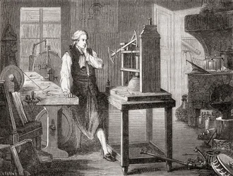 James Watt em sua oficina em Glasgow melhorando a máquina a vapor Newcomen 1712 de Thomas Newcomen com sua máquina a vapor Watt em 1781, de Les Merveilles de la Science, pub.1870.