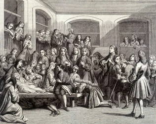 Jansenismo: os convulsionários do cemitério Saint-Médard no túmulo do diácono Parîs (1690 - 1727) onde ocorreram "milagres". Impressão do século XVIII.