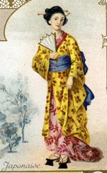 mulher japonesa . Edição da litografia parisiense, final do século XIX. Série de 25 cromos publicitários para a fabricação Dijon de Biscoitos Pernot, criada em 1869. Detalhe dos personagens em traje tradicional.