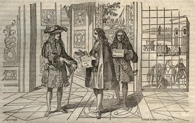 Jean Baptiste Colbert (Jean-Baptiste) (1619-1683) num encontro com o Rei Luís XIV e François Louvois (1641-1691) em Versalhes - gravura depois de Leclerc -