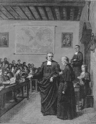 Jean Baptiste De La Salle (Jean-Baptiste) 1651-1719 religioso francês, fundador da congregação dos Irmãos das Escolas Cristãs, mostrando uma de suas escolas à M de La Chetardie. Gravura do final do século XIX.