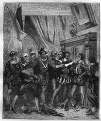 Jean Chastel (Jean Chatel) (1575-1594) após a tentativa de assassinar o rei Henrique IV de França em 27 de dezembro de 1594. Gravura do século XIX.