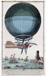 Jean Pierre Blanchard (1753 - 1809) e John Jefferies (1745 - 1819) chegando a Calais depois de atravessar o Canal da Mancha num Balão de Ar Quente no dia 7 de Janeiro