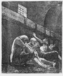 Jean Valjean na prisão, ilustração de Les Miserables, por Victor Hugo, 1865