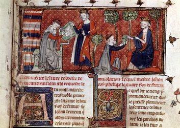 Jean de Meung, escrevendo e entregando a Filipe IV, rei de França, ... (manuscrito)