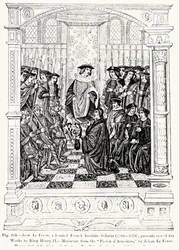 Jean le Feron (1504-70) apresenta uma de suas obras para o rei Henrique II (1519-89) de Blason dArmoires, de Jean le Feron, ilustração da ciência e literatura na Idade Média e da Renascença.